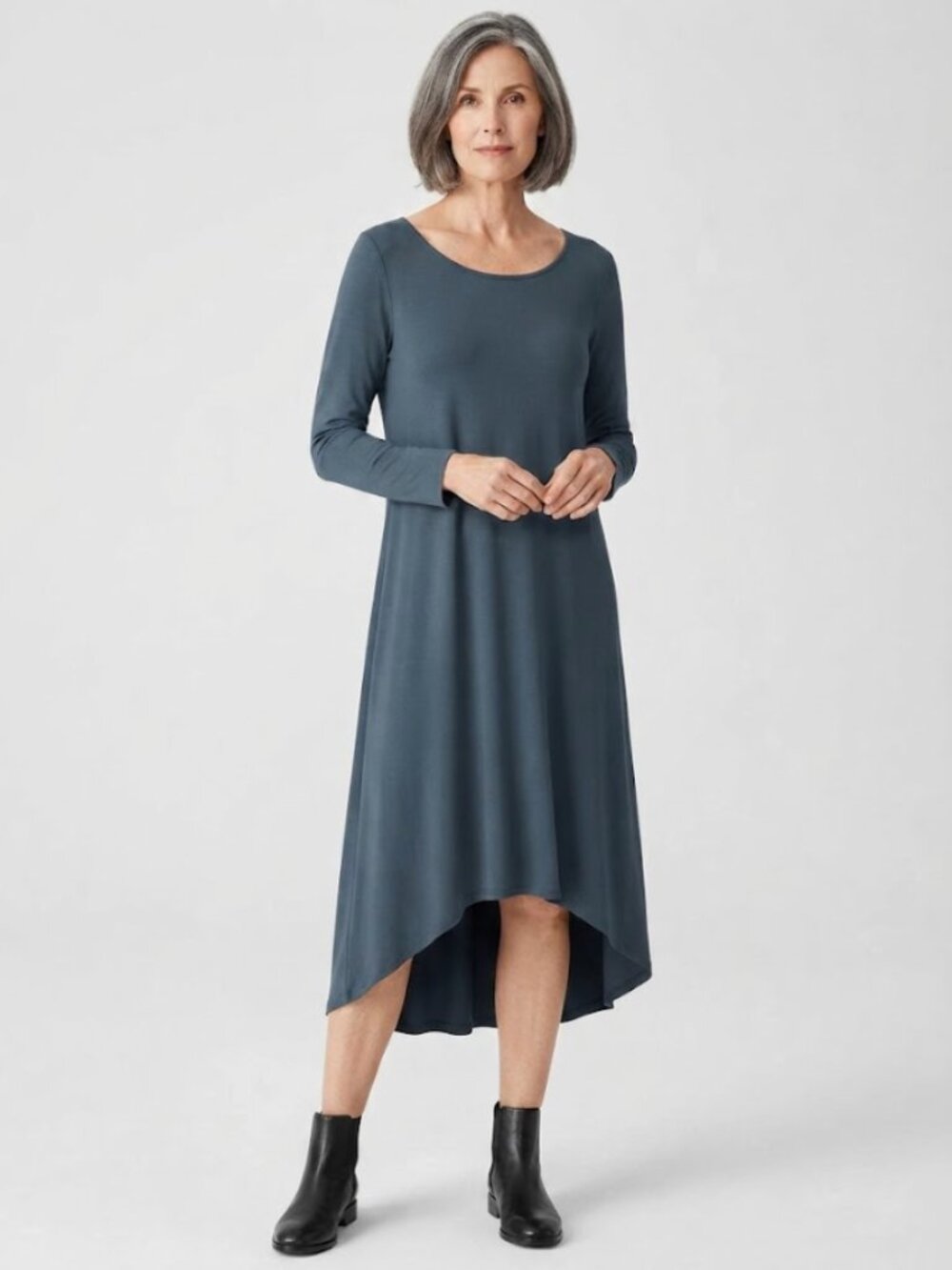Eileen Fisher Viscose Jersey Midi Dress XL Blue High Low Minimalist Lagenlook